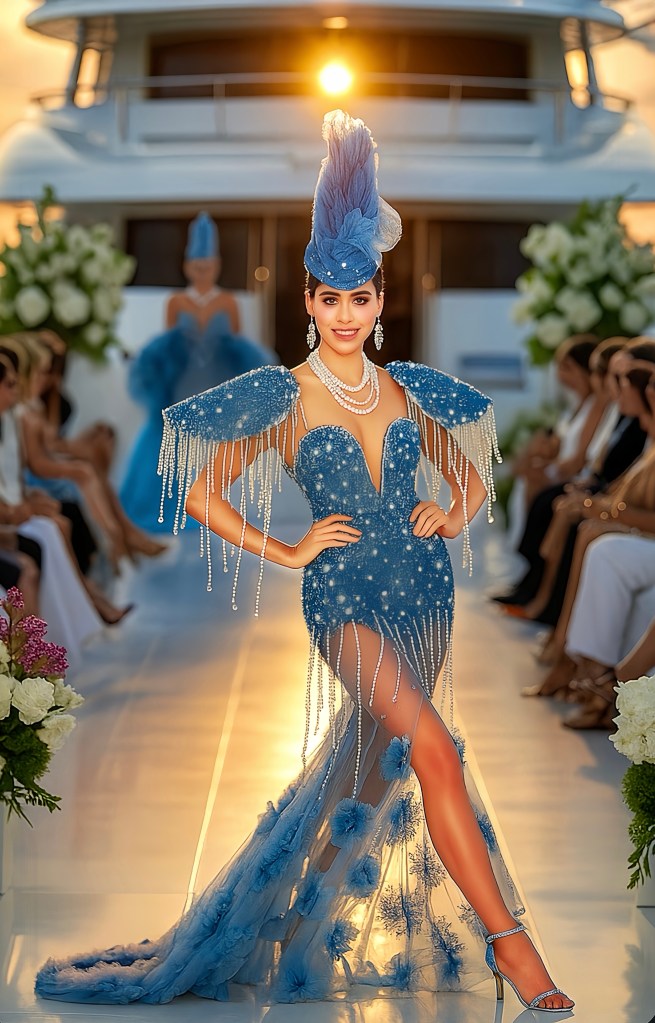 Christine leads the show in her signature blue beaded gown, a symbol of confidence and grace. Each design tells a story of femininity, power, and artisanal craftsmanship.